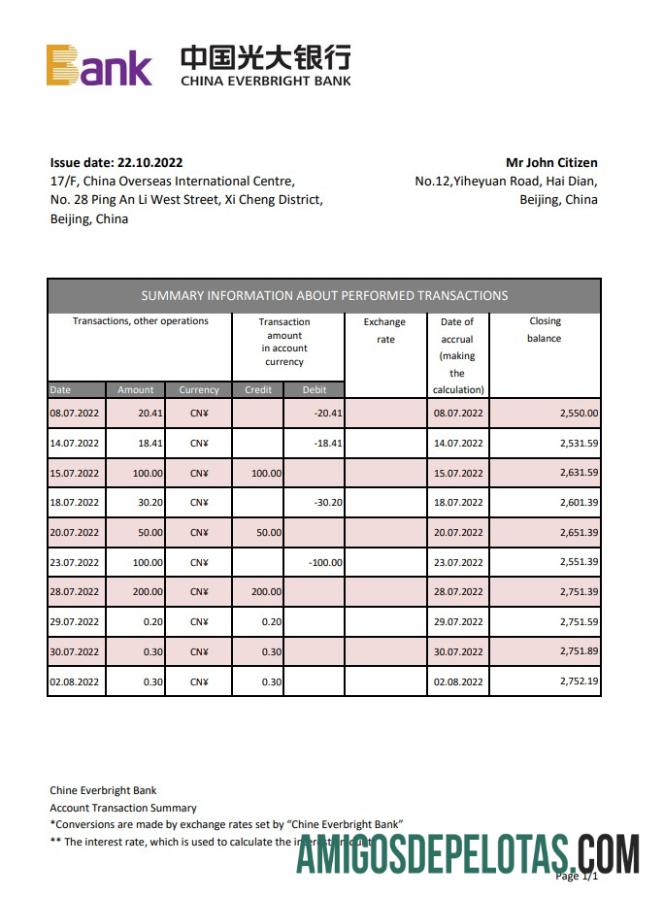 Exemplo de extrato bancário China Everbright Xls